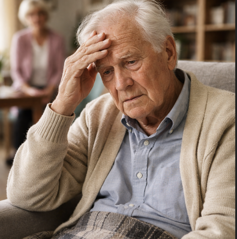 Personne âgée atteinte de la maladie d’Alzheimer assise dans un salon, illustrant les besoins en soins, l’accompagnement et la prise en charge en Belgique